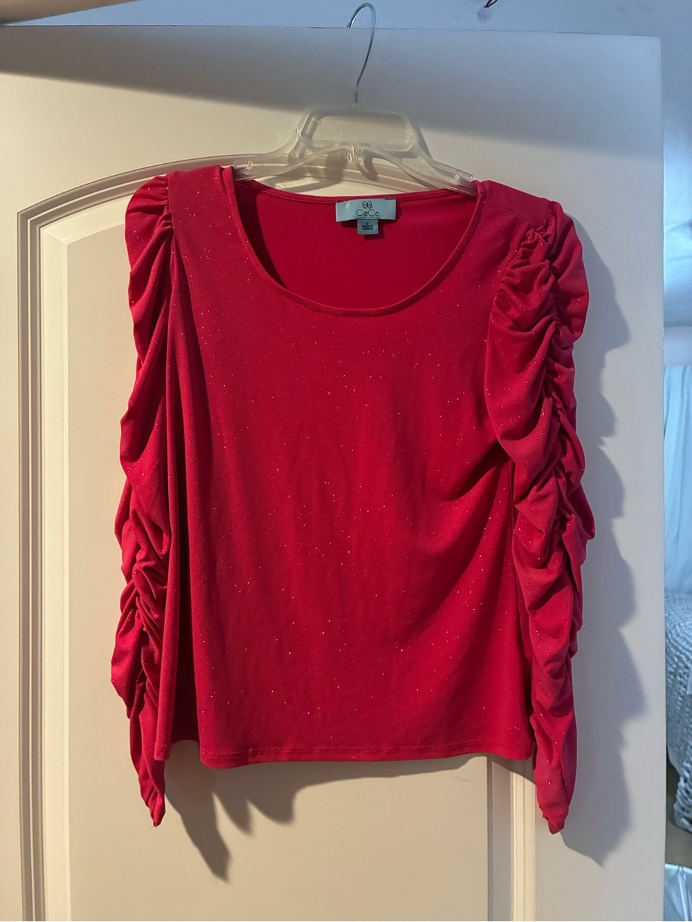 CeCe Hot Pink Long Sleeve Ruched Sparkle Top